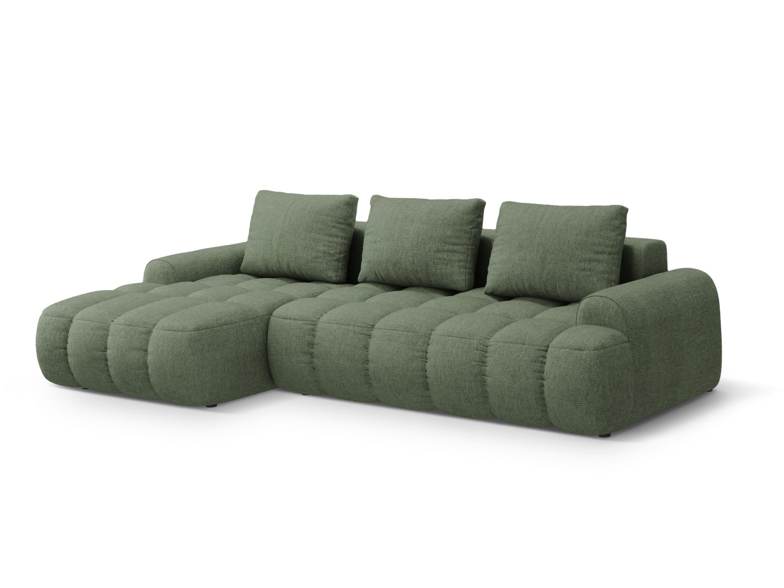 Elegantes Linz Ecksofa in Dunkeloliv, 3-Sitzer mit praktischer Schlaffunktion und Stauraum, perfekt für stilvolle und funktionale Wohnräume.
