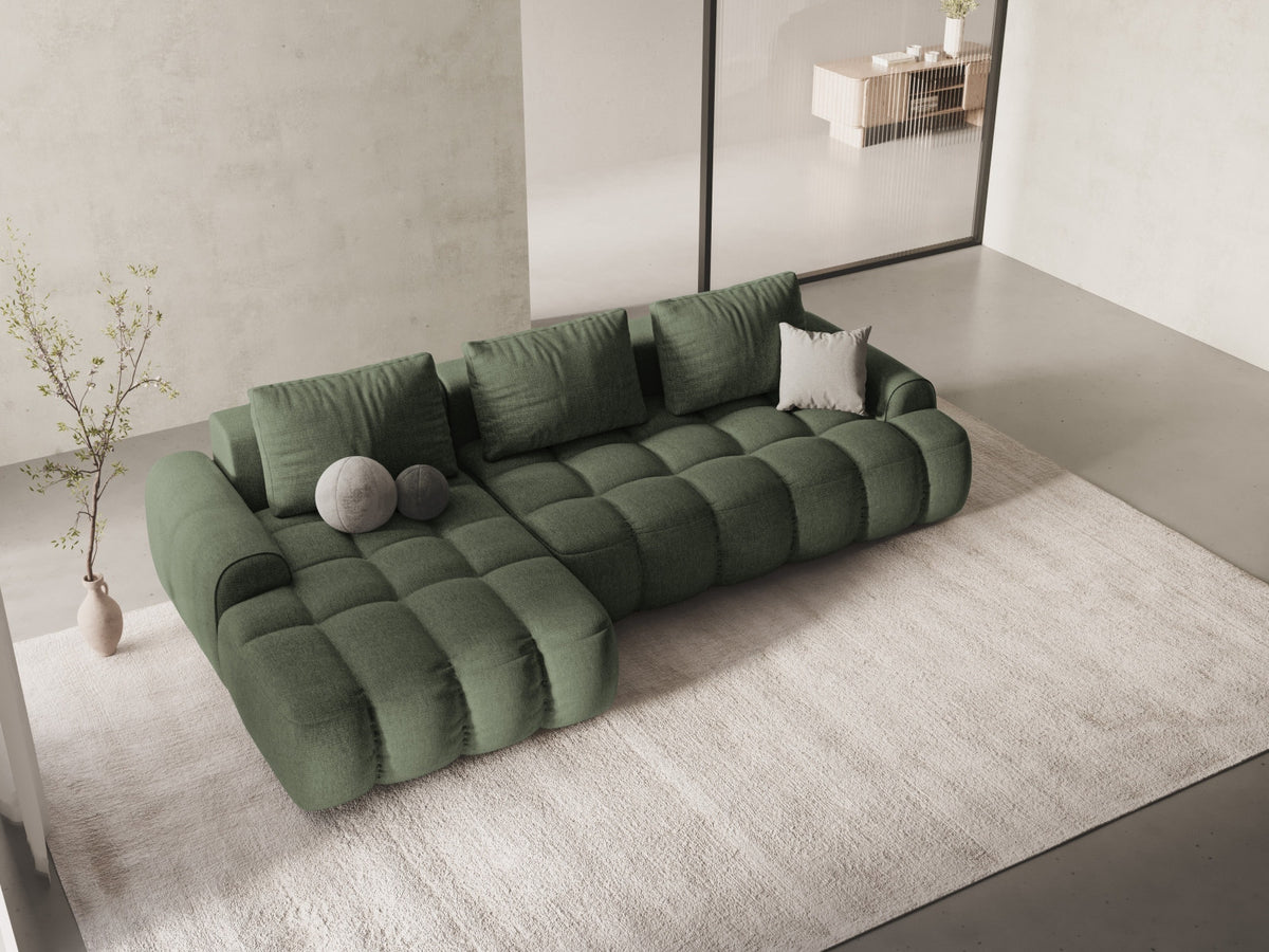 Linz Ecksofa links mit Schlaffunktion und Stauraumbox 3 Sitzer 142cm in Dark Olive Green-Sorella präsentiert im Onlineshop von KAQTU Design AG. Bettsofa links ist von Cosmopolitan Design