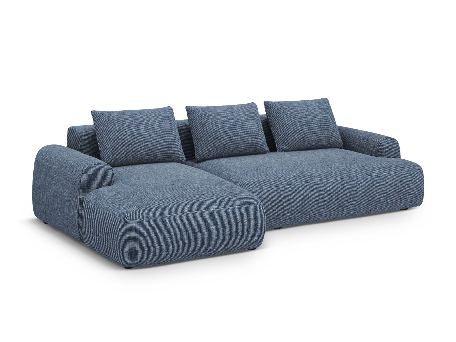 Elegantes 3-Sitzer Ecksofa links in Blue Melange-Baltimore mit praktischer Schlaffunktion und Stauraum, ideal für jedes Wohnzimmer.
