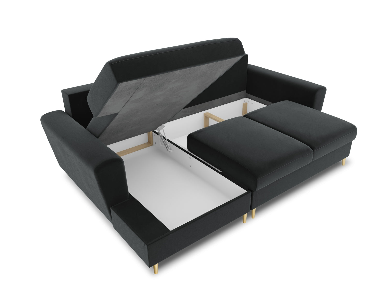 Entdecken Sie das Kyoto Velour Ecksofa links – ein elegantes 4-Sitzer Sofa mit Schlaffunktion und Stauraum, ideal für stilvolle Wohnräume.