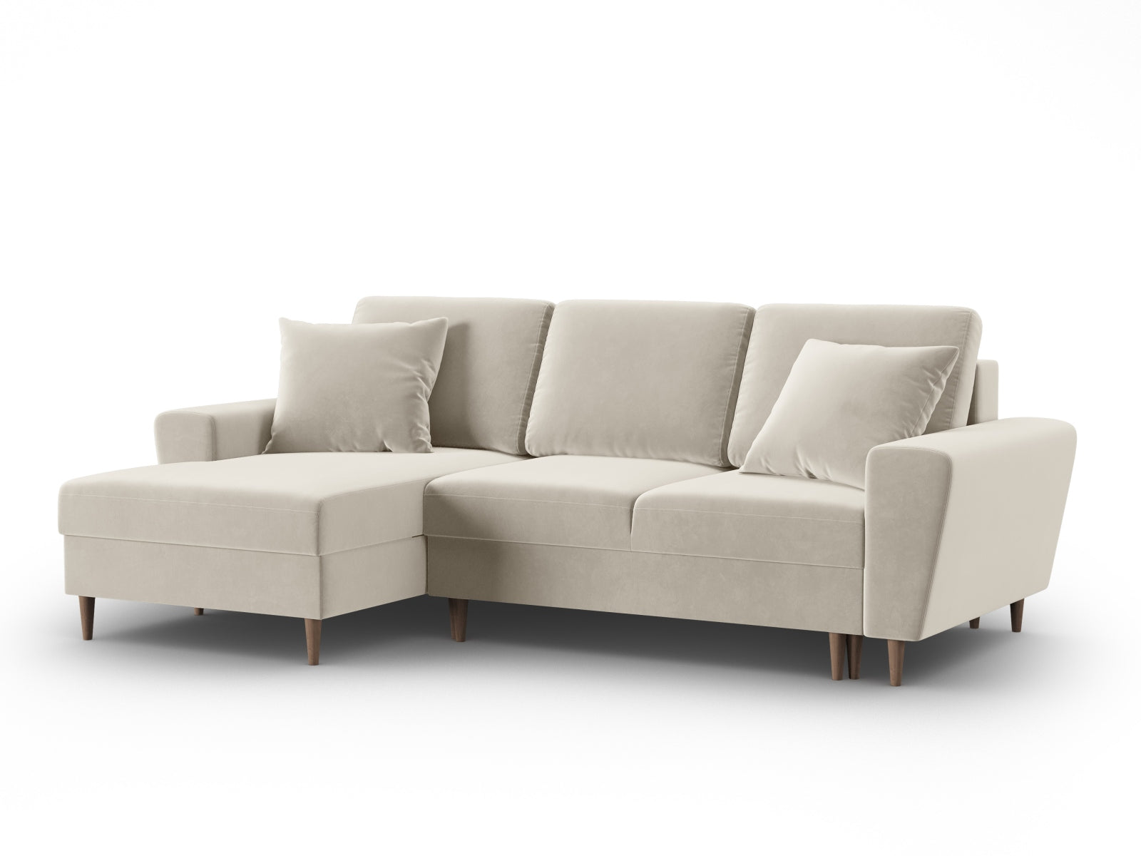 Entdecken Sie das elegante Kyoto Velour Ecksofa links mit Schlaffunktion und Stauraum. Ideal für stilvolle Wohnräume und entspannte Nächte.