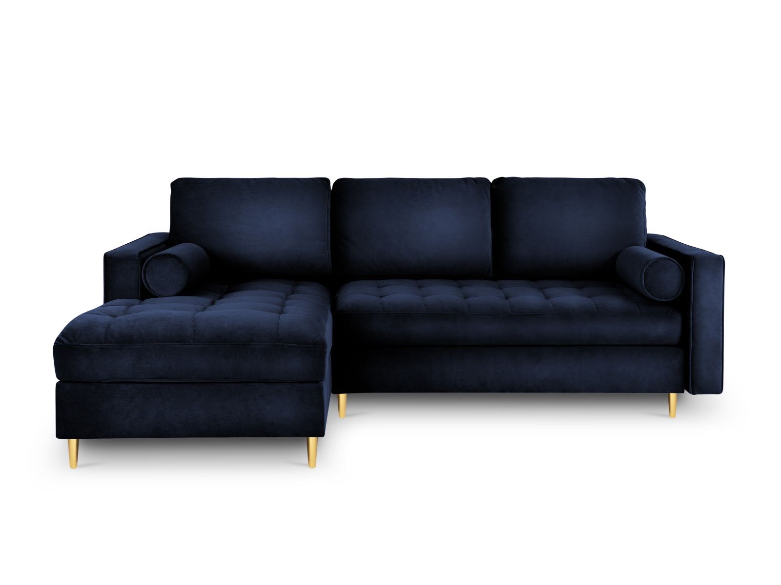 Modernes 5-Sitzer Ecksofa links Aspen in Royal Blue, perfekt für stilvolle Wohnräume, mit integrierter Schlaffunktion und cleverem Stauraum.
