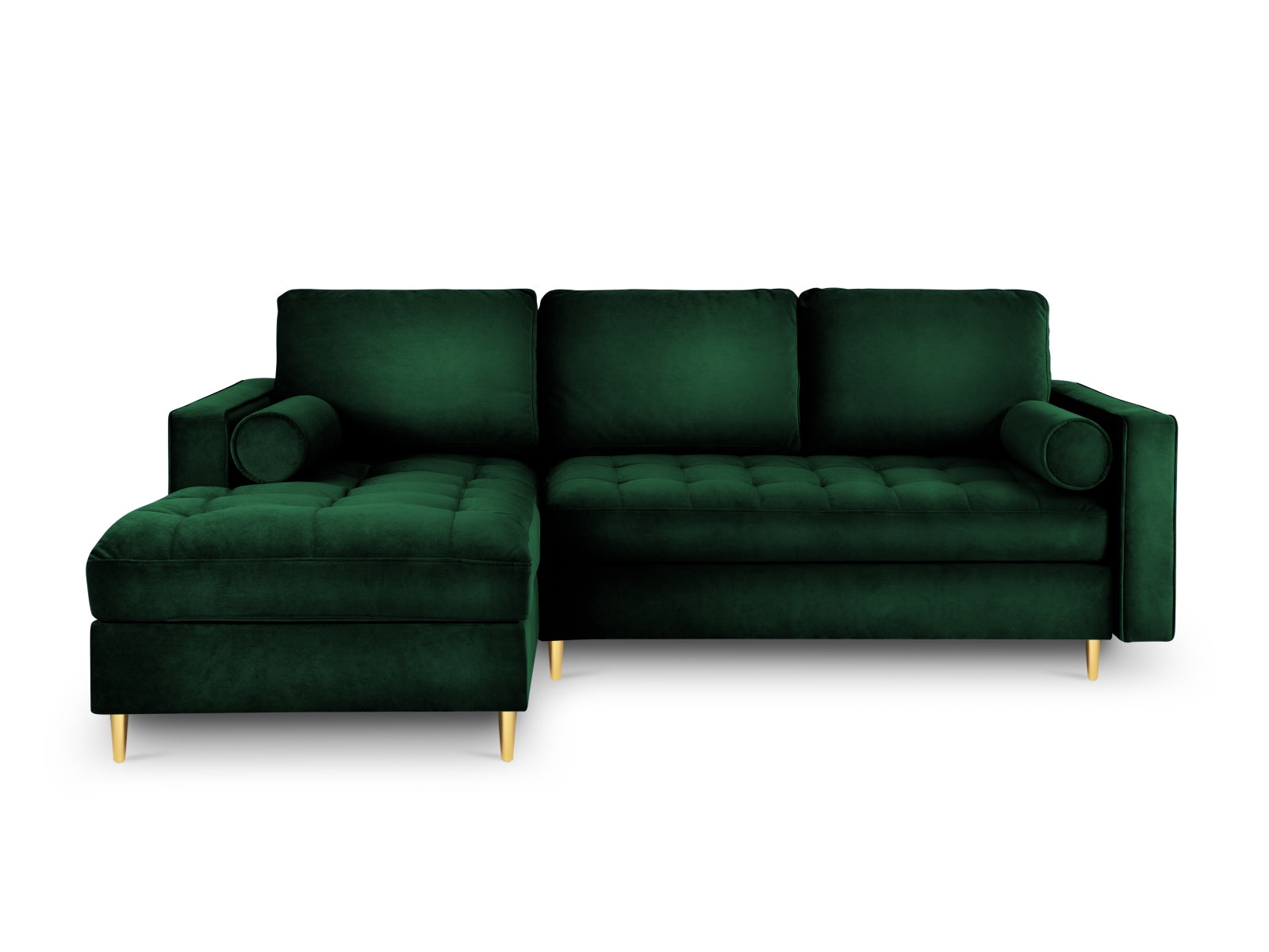 Modernes 5-Sitzer Ecksofa links Aspen in edlem Flaschengrün, ausgestattet mit Schlaffunktion und cleverem Stauraum für vielseitige Nutzung.