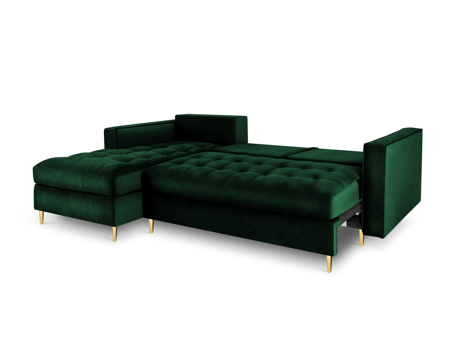 Modernes 5-Sitzer Ecksofa links Aspen in edlem Flaschengrün, perfekt für gemütliche Abende und mit nützlichem Stauraum.