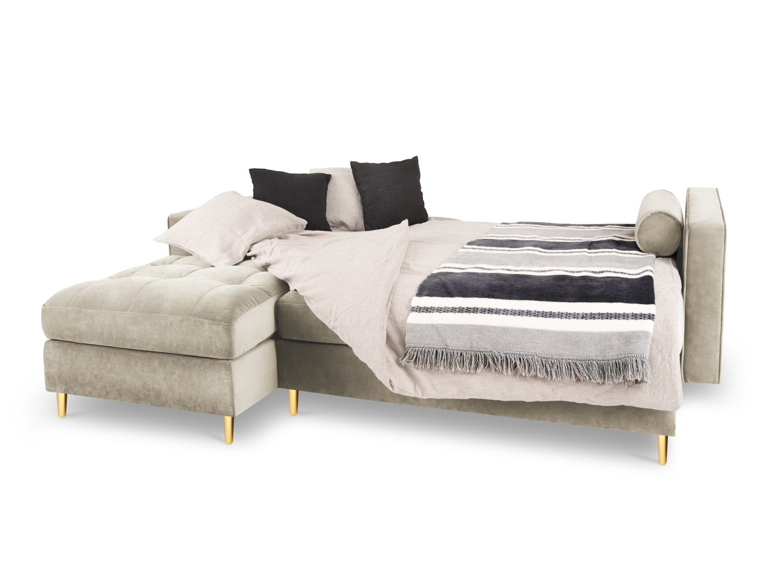 Elegantes 5-Sitzer Ecksofa links Aspen in stilvollem Dunkelbeige, ideal für Entspannung und Übernachtungsgäste mit integriertem Stauraum.