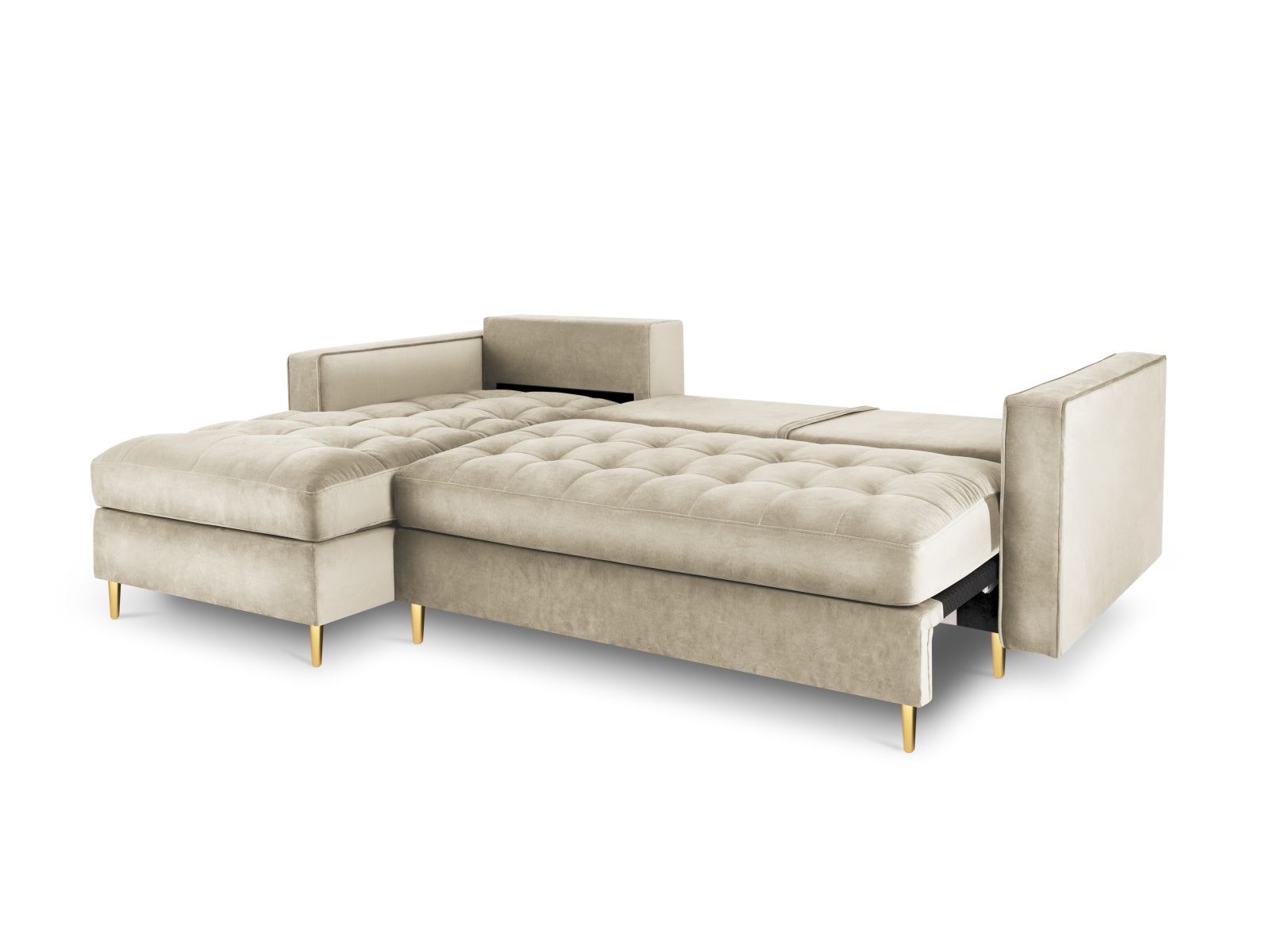 Modernes 5-Sitzer Ecksofa links Aspen in edlem Dunkelbeige, perfekt für Wohnräume, bietet Schlaffunktion und praktischen Stauraum.