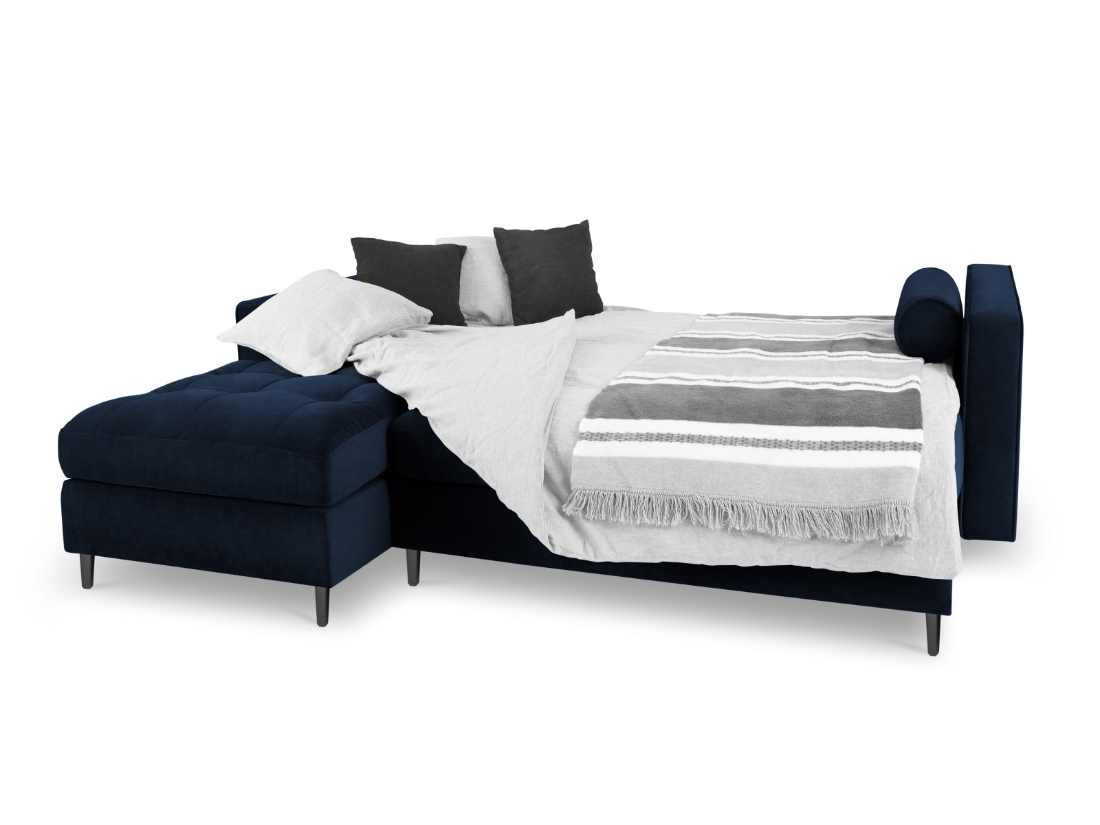 Elegantes 5-Sitzer Ecksofa links Aspen in Royal Blue mit praktischer Schlaffunktion und Stauraum, ideal für modernes Wohnen.