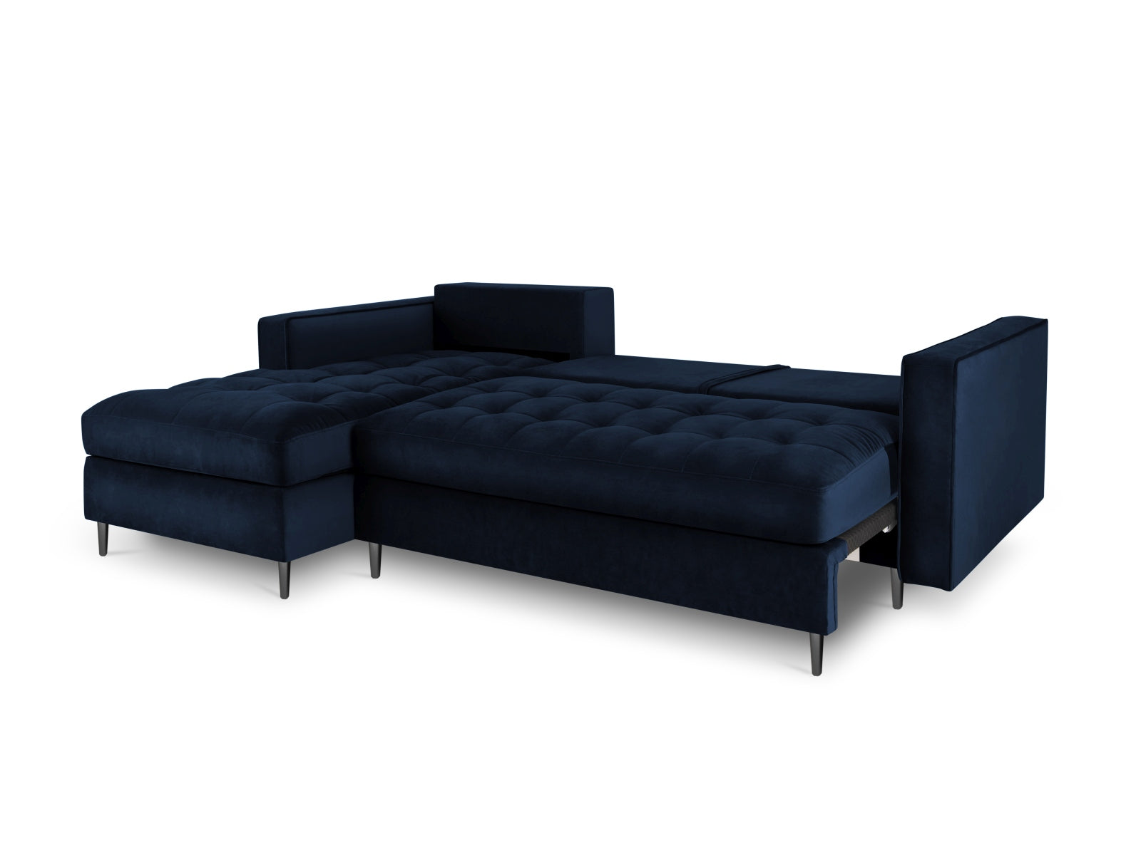 Modernes 5-Sitzer Ecksofa links Aspen in Royal Blue, perfekt für stilvolle Wohnräume, mit Schlafoption und cleverem Stauraum.