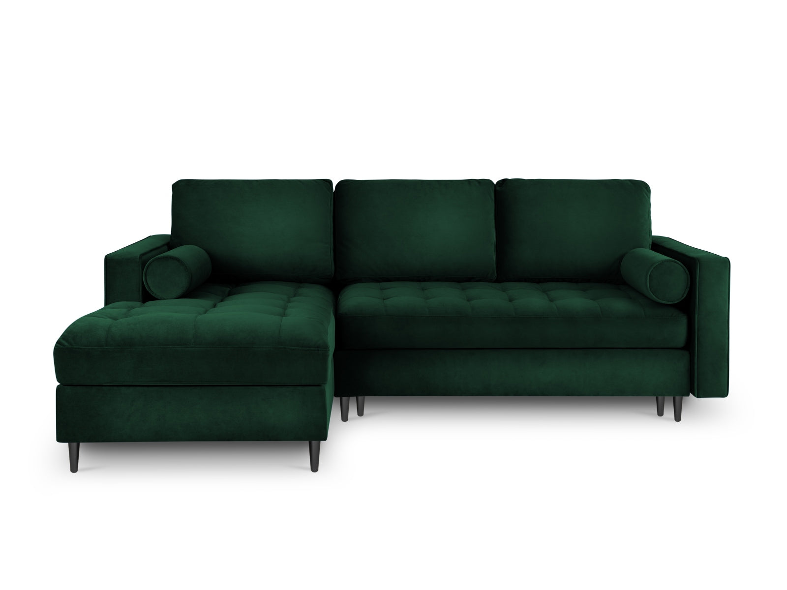 Modernes 5-Sitzer Ecksofa links Aspen in edlem Flaschengrün, perfekt für gemütliche Abende, mit Schlaf- und Stauraummöglichkeiten.