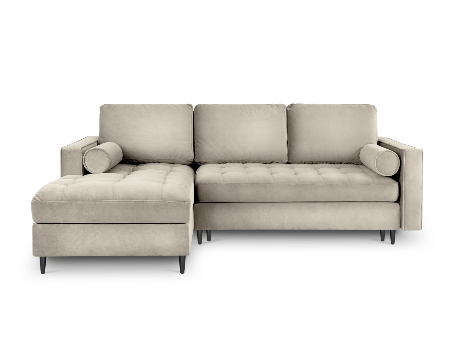 Modernes 5-Sitzer Ecksofa links Aspen in sanftem Dunkelbeige, ausgestattet mit Schlaffunktion und cleverem Stauraum für vielseitige Wohnlösungen.