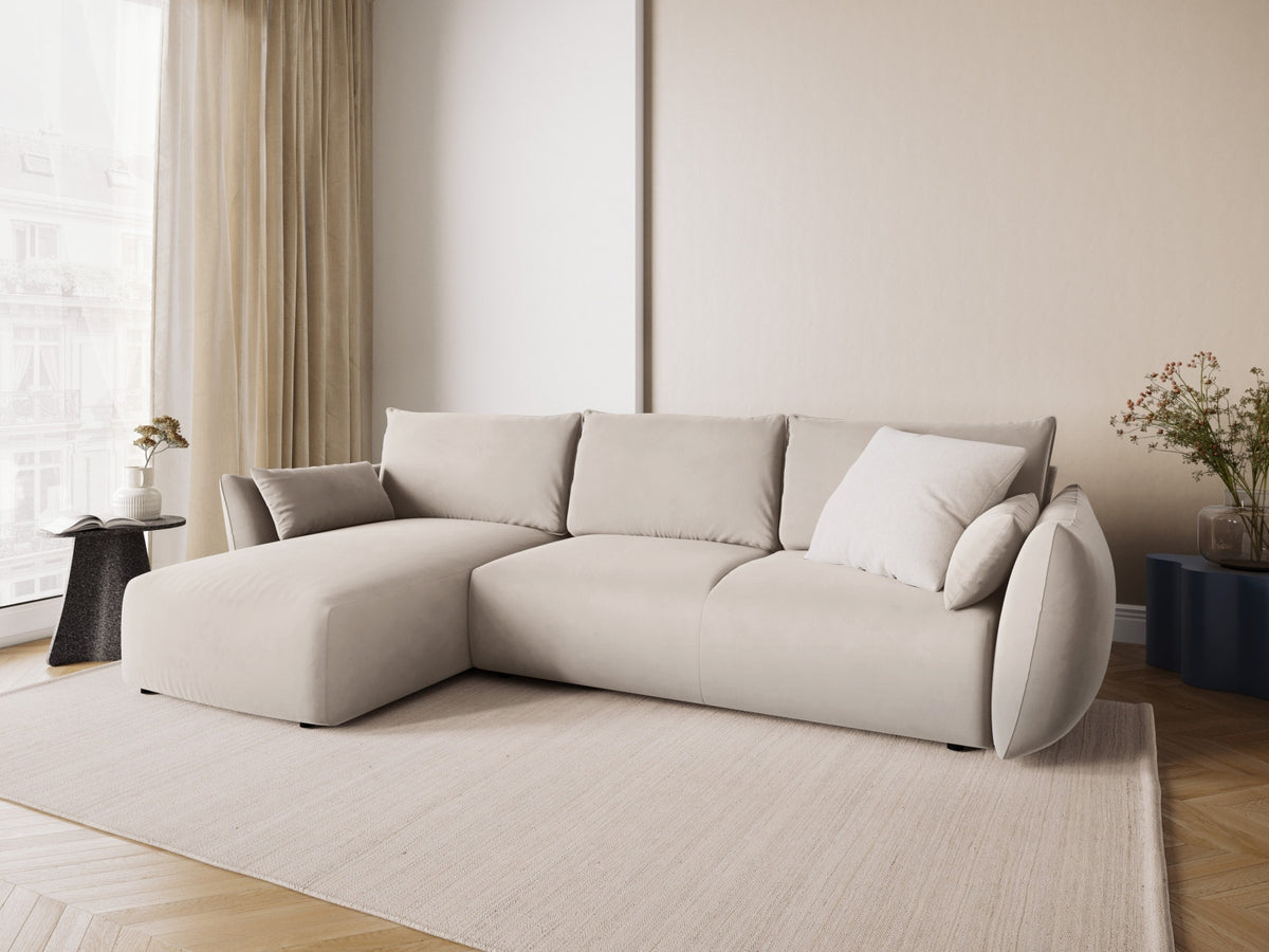 Ecksofa Matera links mit Bettkasten, Stoffbezug Salvador, Récamière und schwarze Beine