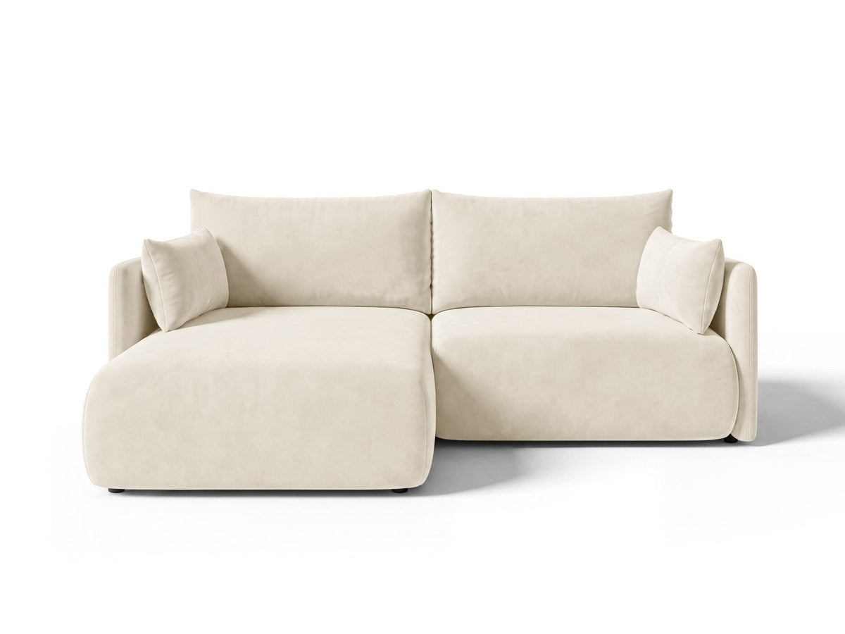 Monaco Ecksofa links mit Bettfunktion, Bluvel-Stoff, schwarze Beine, Récamière links