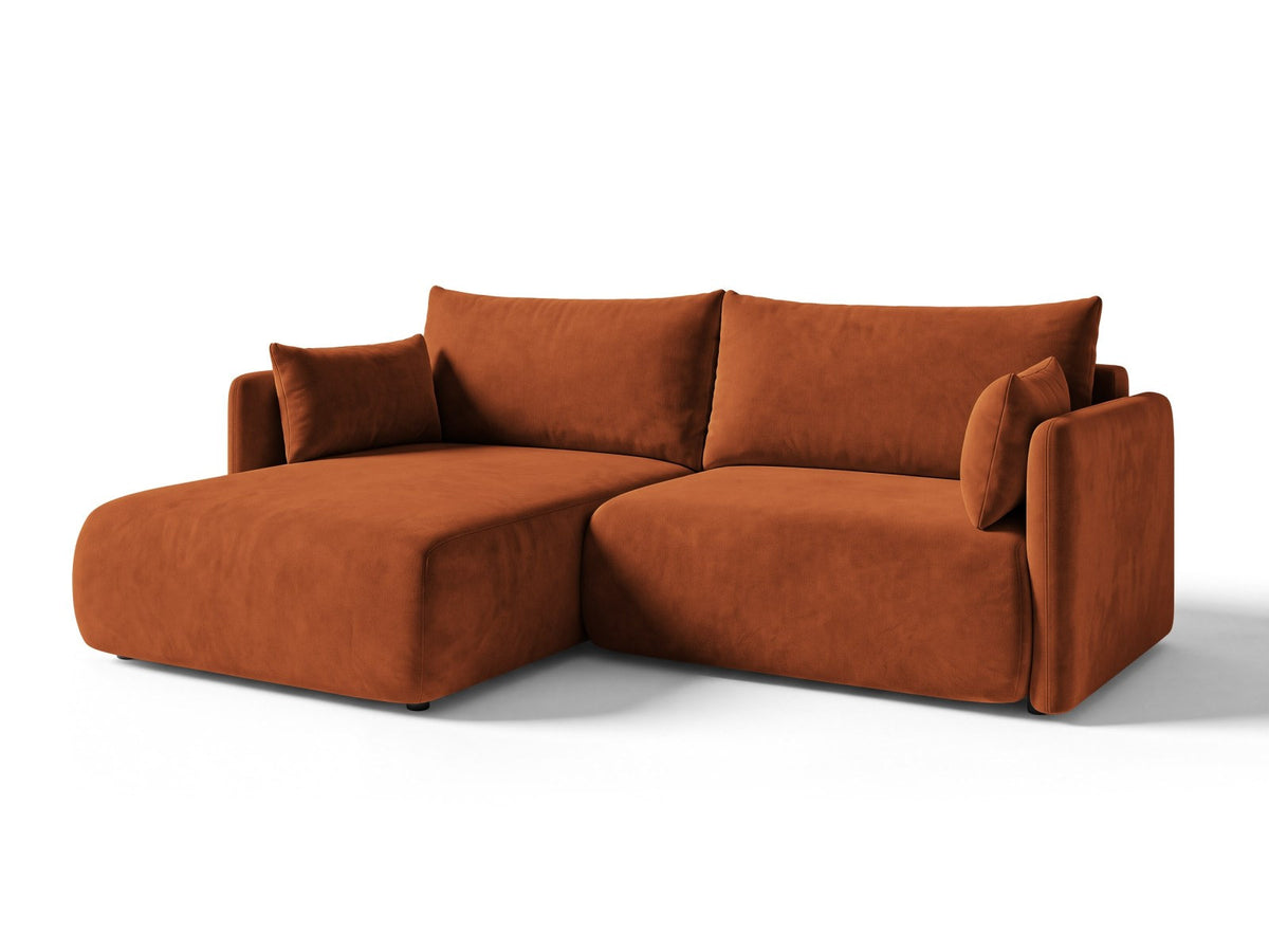 Monaco Ecksofa links mit Bettfunktion, Bluvel-Stoff, schwarze Beine, Récamière links