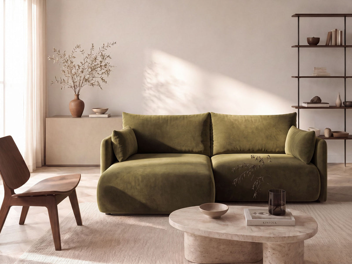 Monaco Ecksofa links mit Bettfunktion, Bluvel-Stoff, schwarze Beine, Récamière links