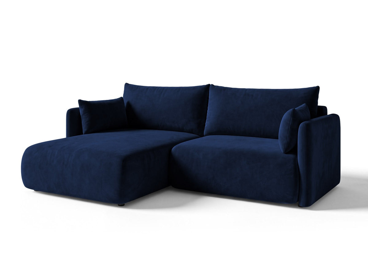 Monaco Ecksofa links mit Bettfunktion, Bluvel-Stoff, schwarze Beine, Récamière links