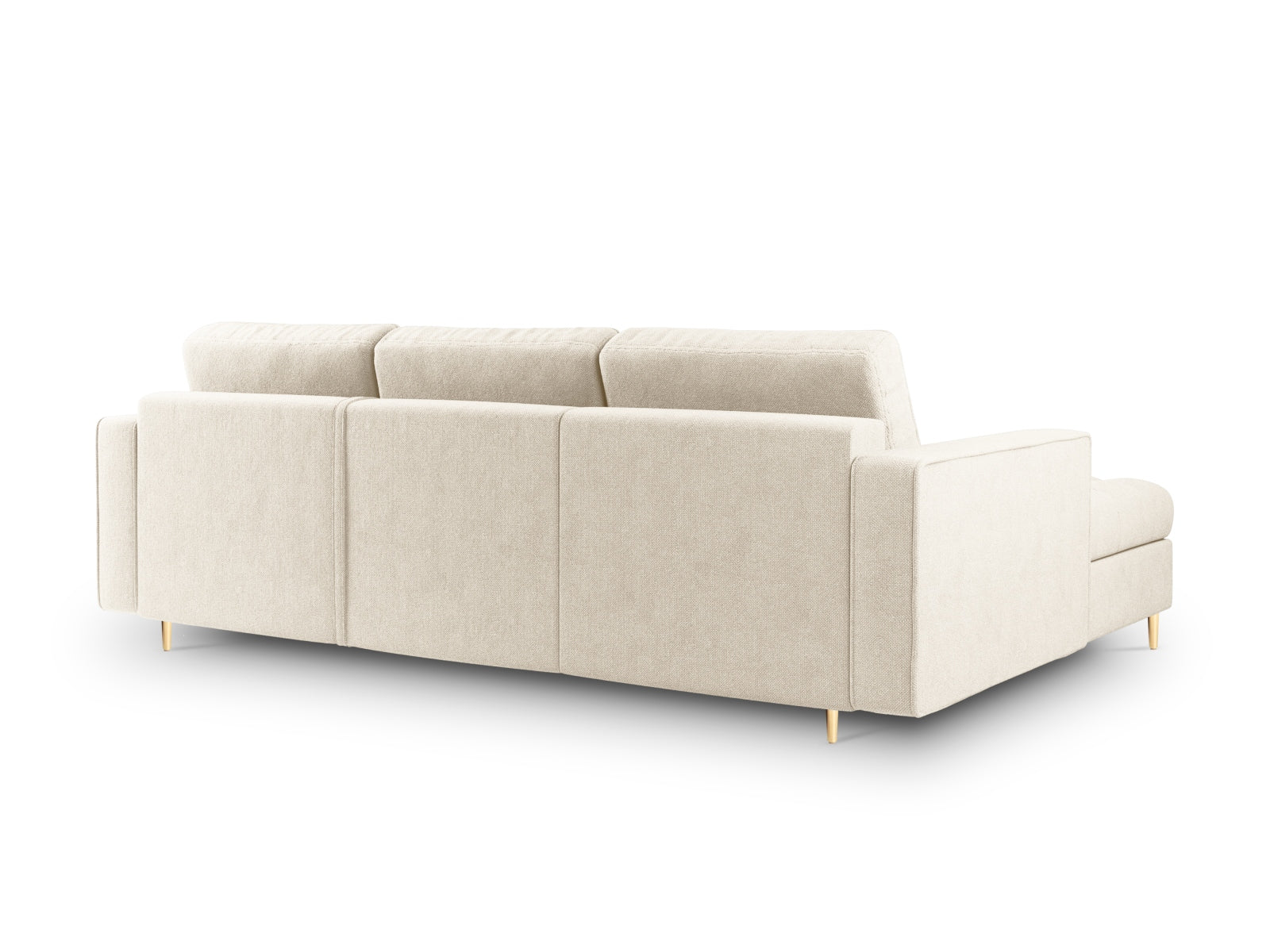 Modernes 5-Sitzer Ecksofa links Aspen in sanftem Beige, perfekt für stilvolle Wohnräume, bietet Schlaffunktion und cleveren Stauraum.