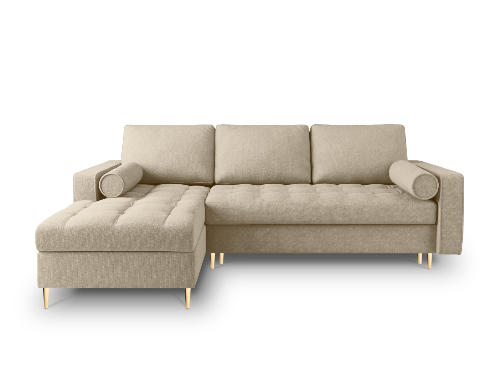 Beige 5-Sitzer Ecksofa Aspen mit Schlaffunktion und Stauraum, ideal für moderne Wohnräume, präsentiert von Cosmopolitan Design.