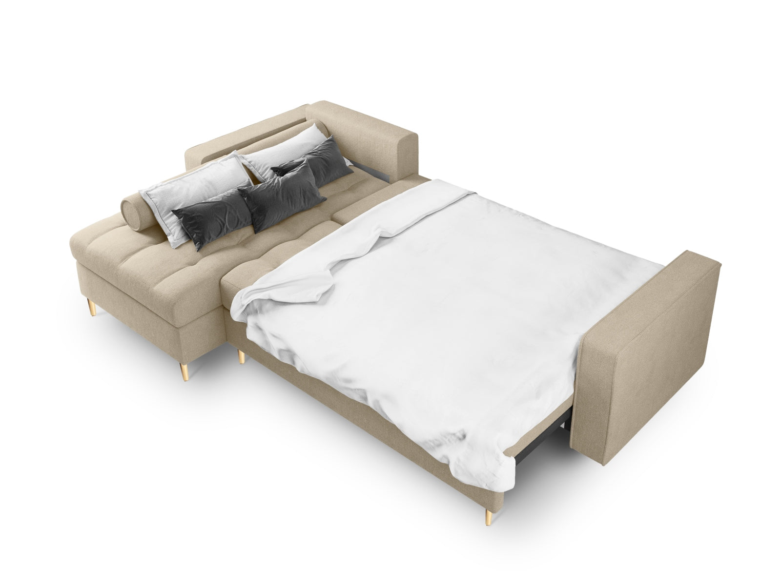 Beige 5-Sitzer Ecksofa Aspen mit linksseitiger Schlaffunktion und integriertem Stauraum, ideal für moderne und gemütliche Wohnbereiche.