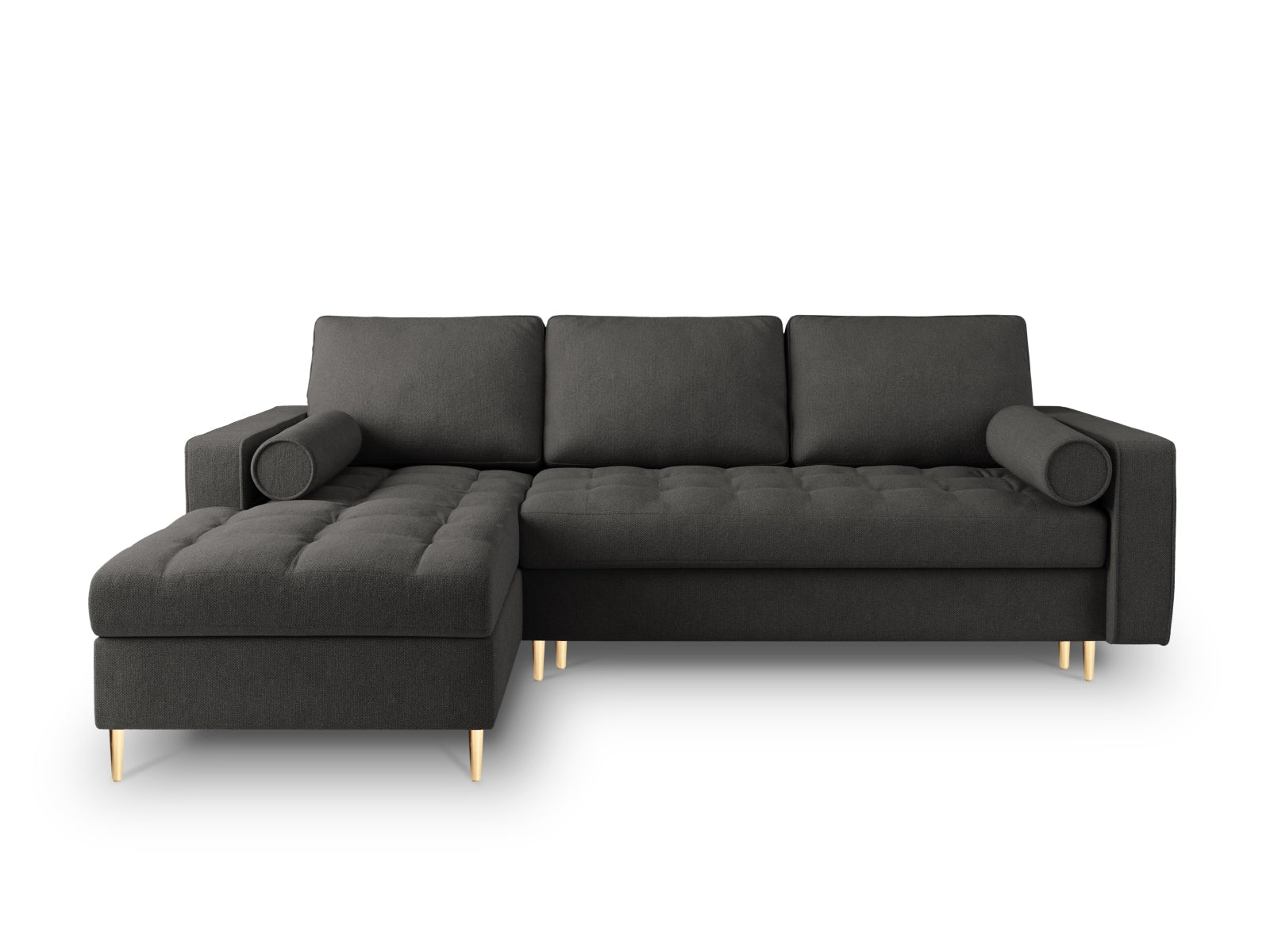 Stylisches 5-Sitzer Ecksofa links Aspen in Dunkelgrau mit Schlaffunktion und praktischem Stauraum, ideal für moderne Wohnräume.
