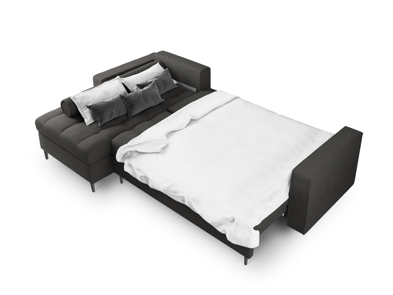 Modernes 5-Sitzer Ecksofa links Aspen in stilvollem Dunkelgrau, perfekt für entspannte Stunden und als Schlafsofa mit zusätzlichem Stauraum.