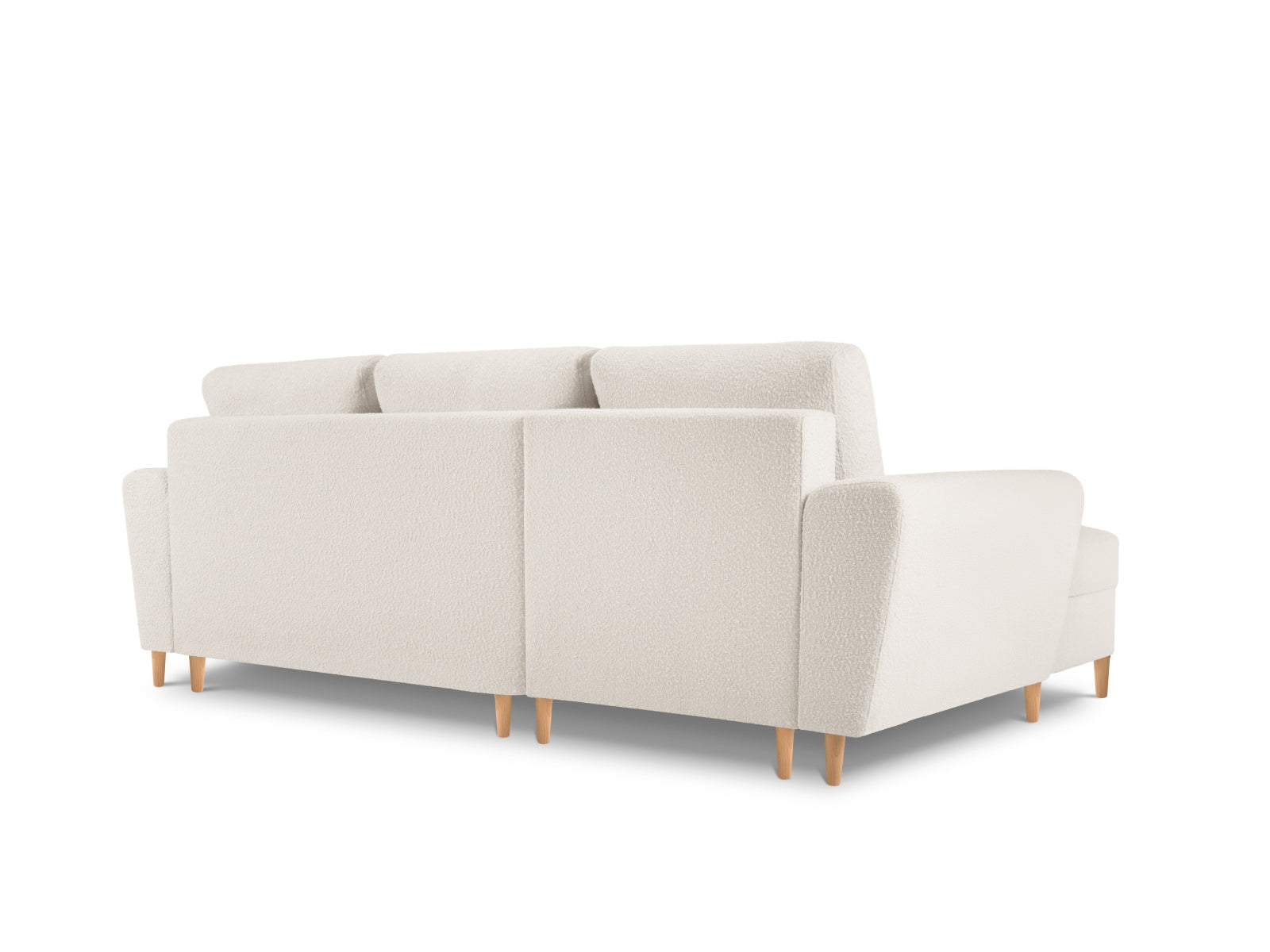 Stylisches Kyoto Boucle Ecksofa links mit praktischer Schlaffunktion und Stauraum, ideal für gemütliche Abende und Übernachtungsgäste.