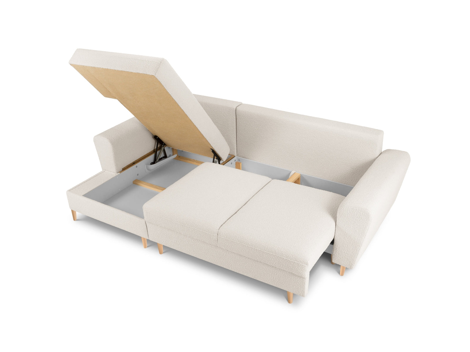 Stylisches Kyoto Boucle Ecksofa links, 4-Sitzer mit praktischer Schlaffunktion und Stauraum, ideal für moderne Wohnkonzepte.