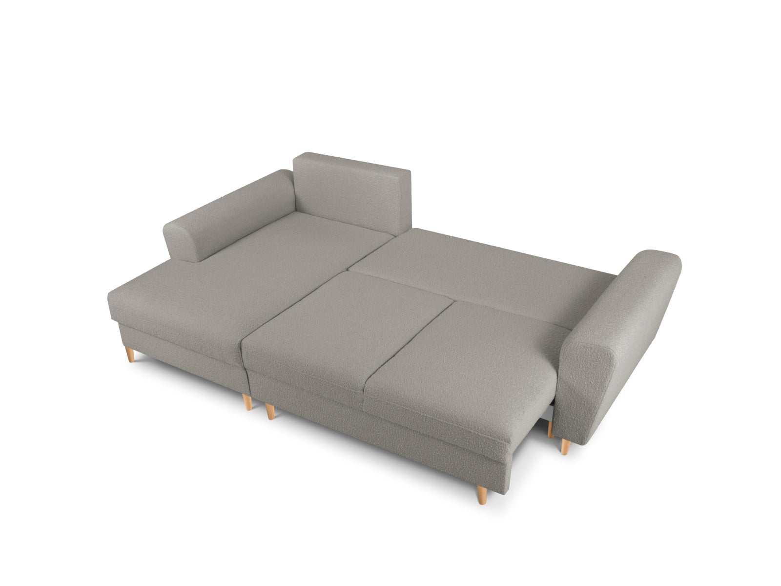 Elegantes Kyoto Boucle Ecksofa links in Grau, 4-Sitzer mit praktischer Schlaffunktion und integriertem Stauraum für zusätzlichen Komfort.