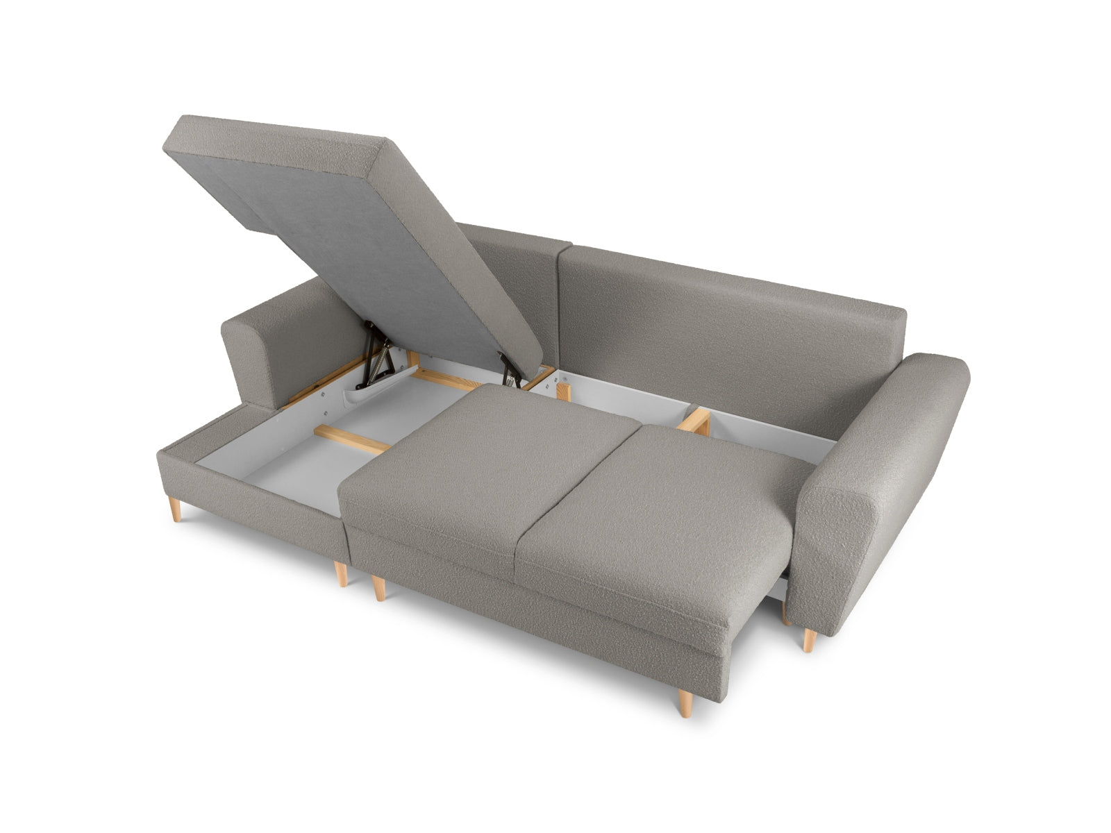 Entdecken Sie das elegante Kyoto Boucle Ecksofa links mit Schlaffunktion und Stauraum – ideal für stilvolle Wohnräume und entspannte Abende!