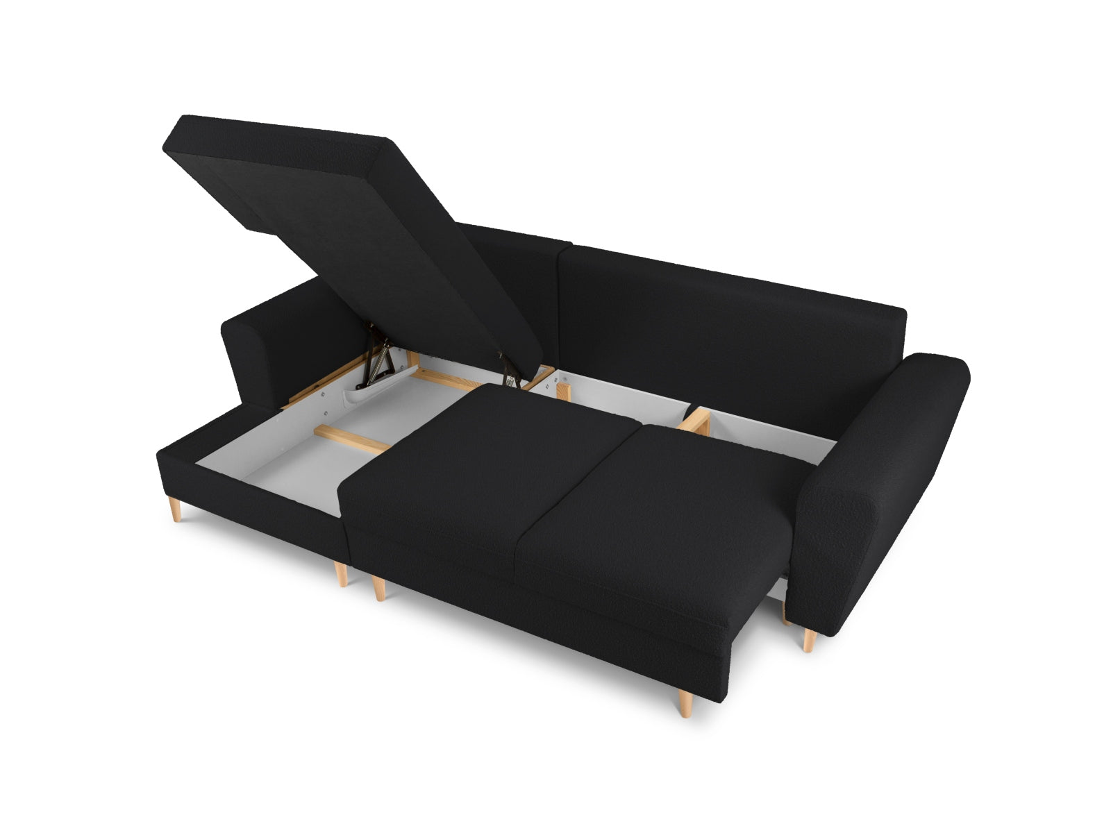 Stylisches Kyoto Boucle Ecksofa links, 4-Sitzer mit praktischer Schlaffunktion und Stauraum, ideal für moderne Wohnräume.