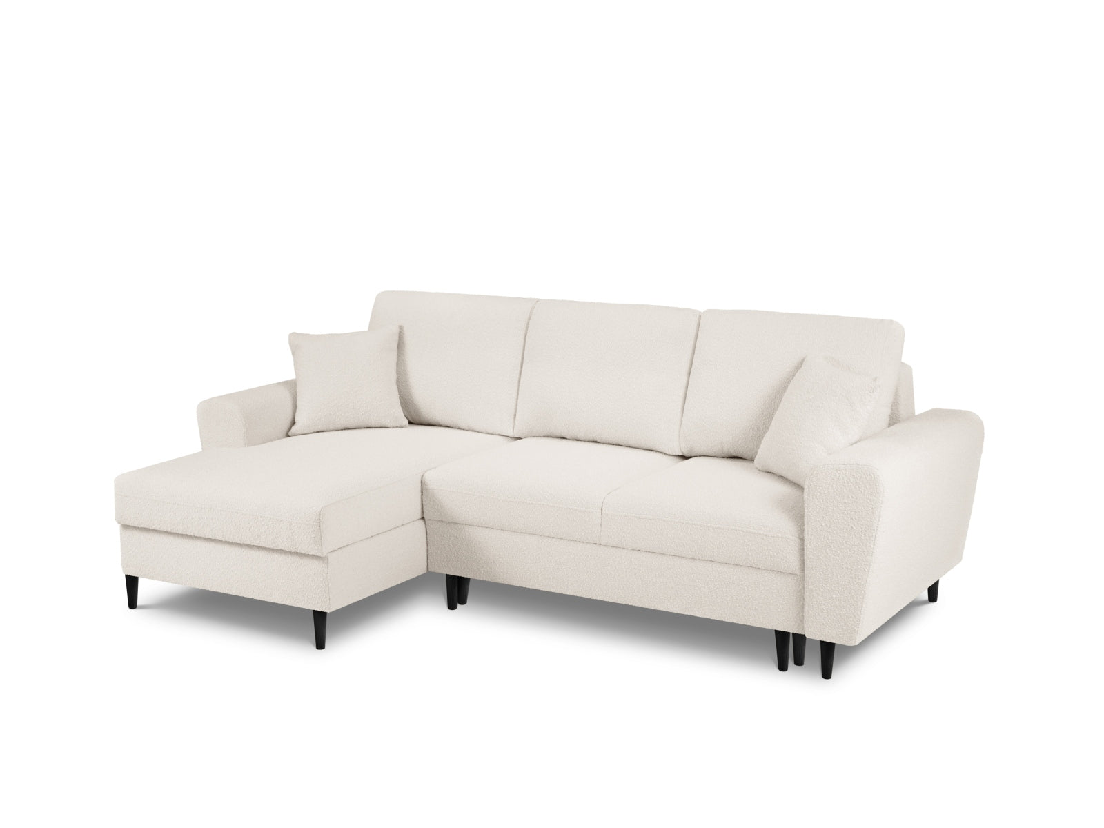 Stylisches Kyoto Boucle Ecksofa links, 4-Sitzer mit Schlafoption und Stauraum, perfekt für gemütliche und funktionale Wohnräume.