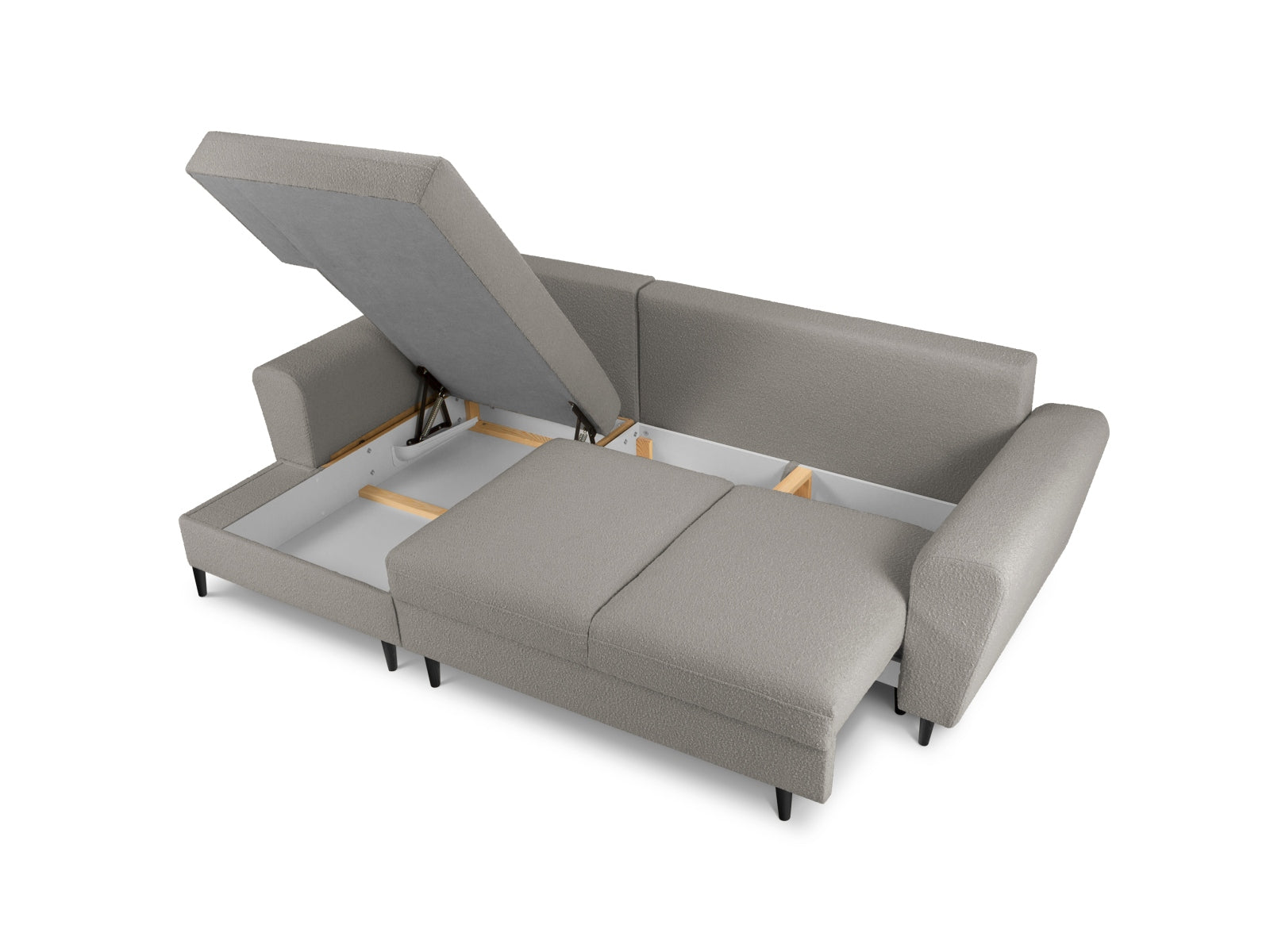 Modernes Kyoto Boucle Ecksofa links, 4-Sitzer mit Schlafoption und integriertem Stauraum, ideal für gemütliche und stilvolle Wohnbereiche.