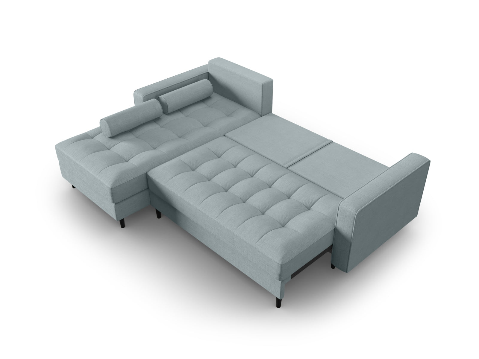 Modernes 5-Sitzer Ecksofa links Aspen in stilvollem Blue-Melva, perfekt für Gästeübernachtungen und mit cleverem Stauraum für Ordnung.
