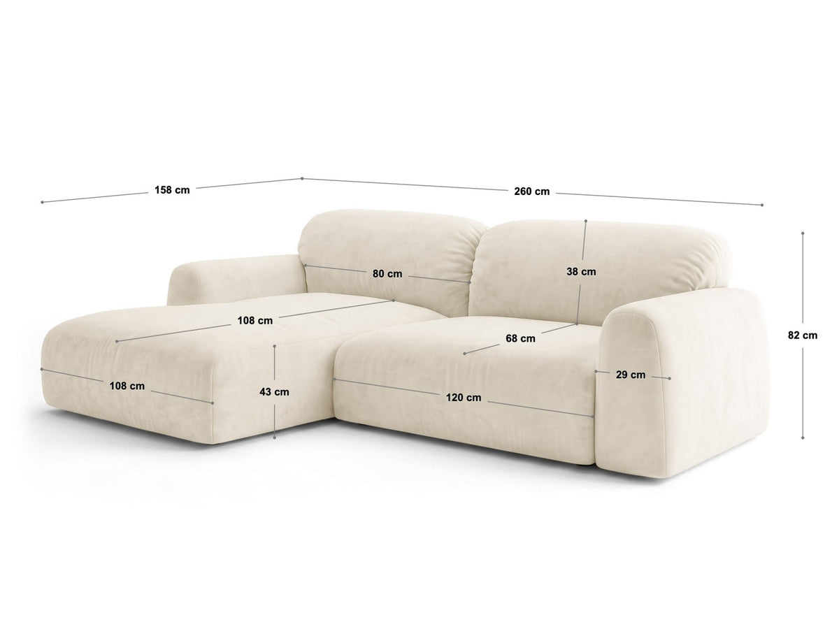 Ecksofa Milan mit Bettfunktion in Bluvel-Stoff, Récamiere links, schwarze Beine