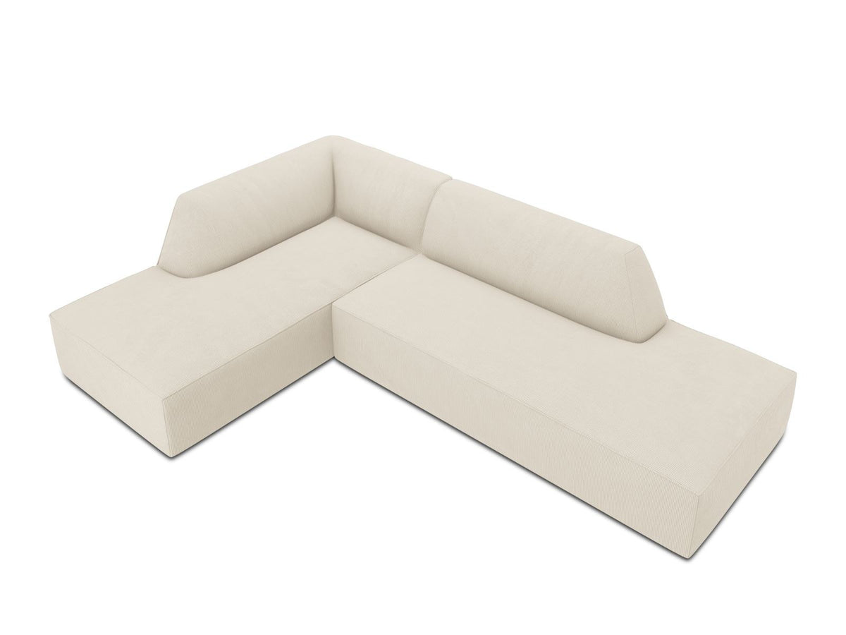 Modulares Ecksofa Siena links, 4-Sitzer, Light Beige-Scala Stoff, Massivholzrahmen, schwarze Kunststoffbeine, Sitzhöhe 40 cm.