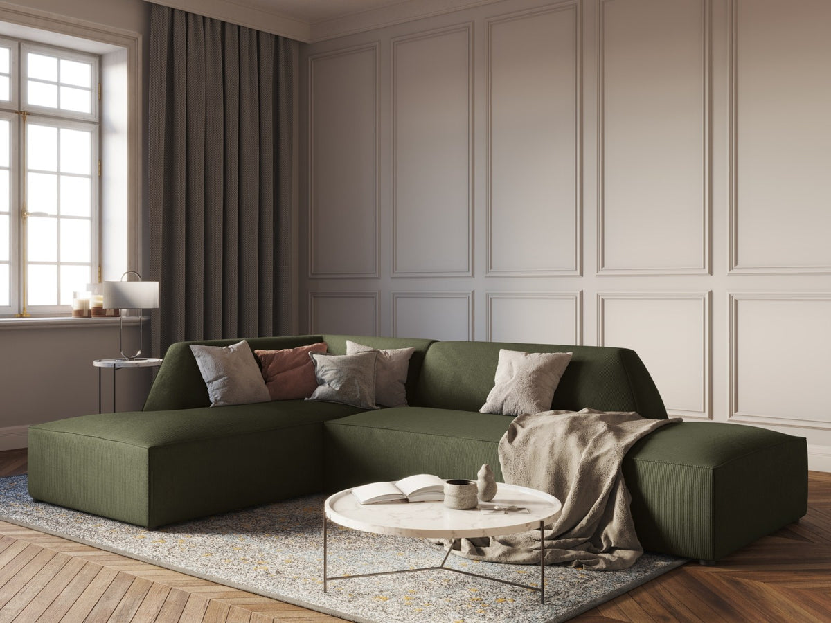 Modulares Ecksofa Siena links, 4-Sitzer, Light Beige-Scala Stoff, Massivholzrahmen, schwarze Kunststoffbeine, Sitzhöhe 40 cm.