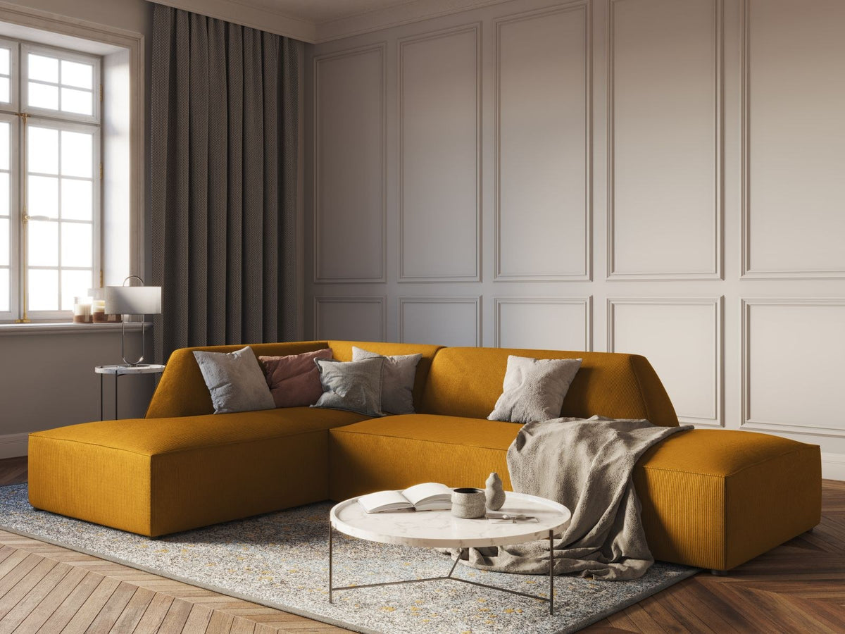 Modulares Ecksofa Siena links, 4-Sitzer, Light Beige-Scala Stoff, Massivholzrahmen, schwarze Kunststoffbeine, Sitzhöhe 40 cm.