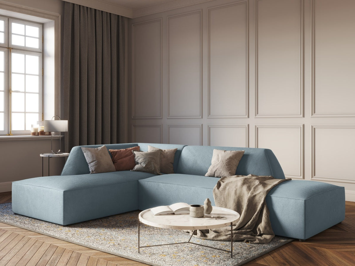 Modulares Ecksofa Siena links, 4-Sitzer, Light Beige-Scala Stoff, Massivholzrahmen, schwarze Kunststoffbeine, Sitzhöhe 40 cm.