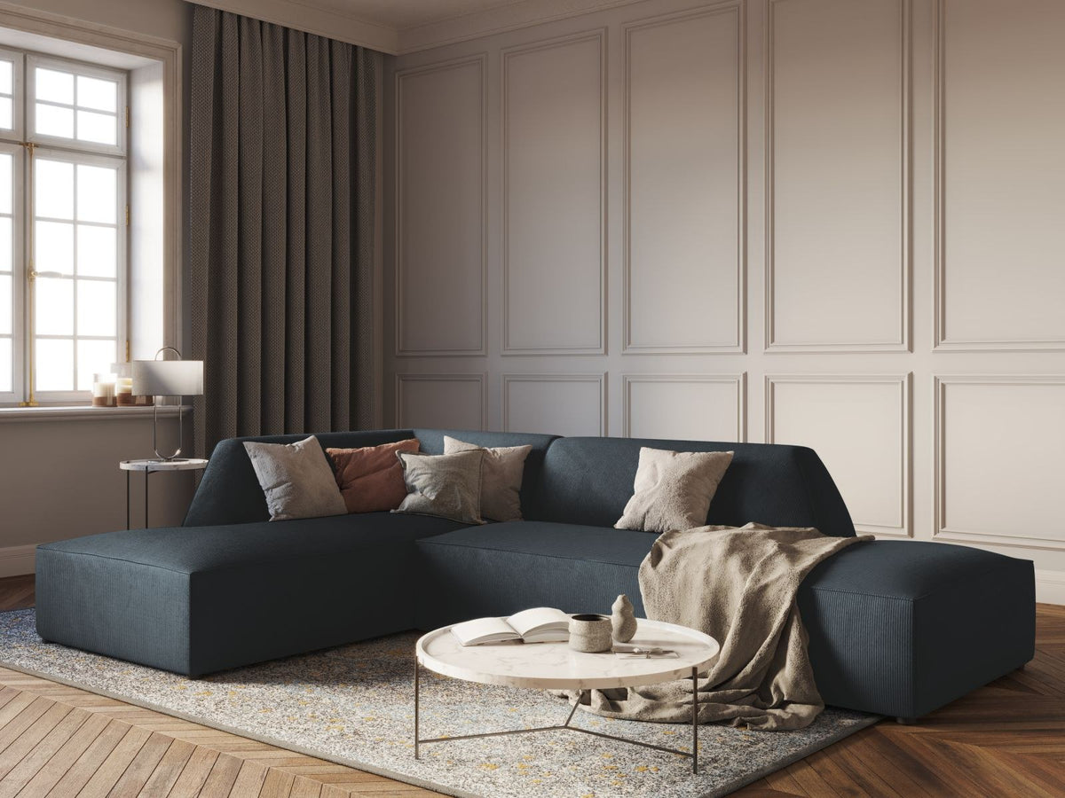 Modulares Ecksofa Siena links, 4-Sitzer, Light Beige-Scala Stoff, Massivholzrahmen, schwarze Kunststoffbeine, Sitzhöhe 40 cm.
