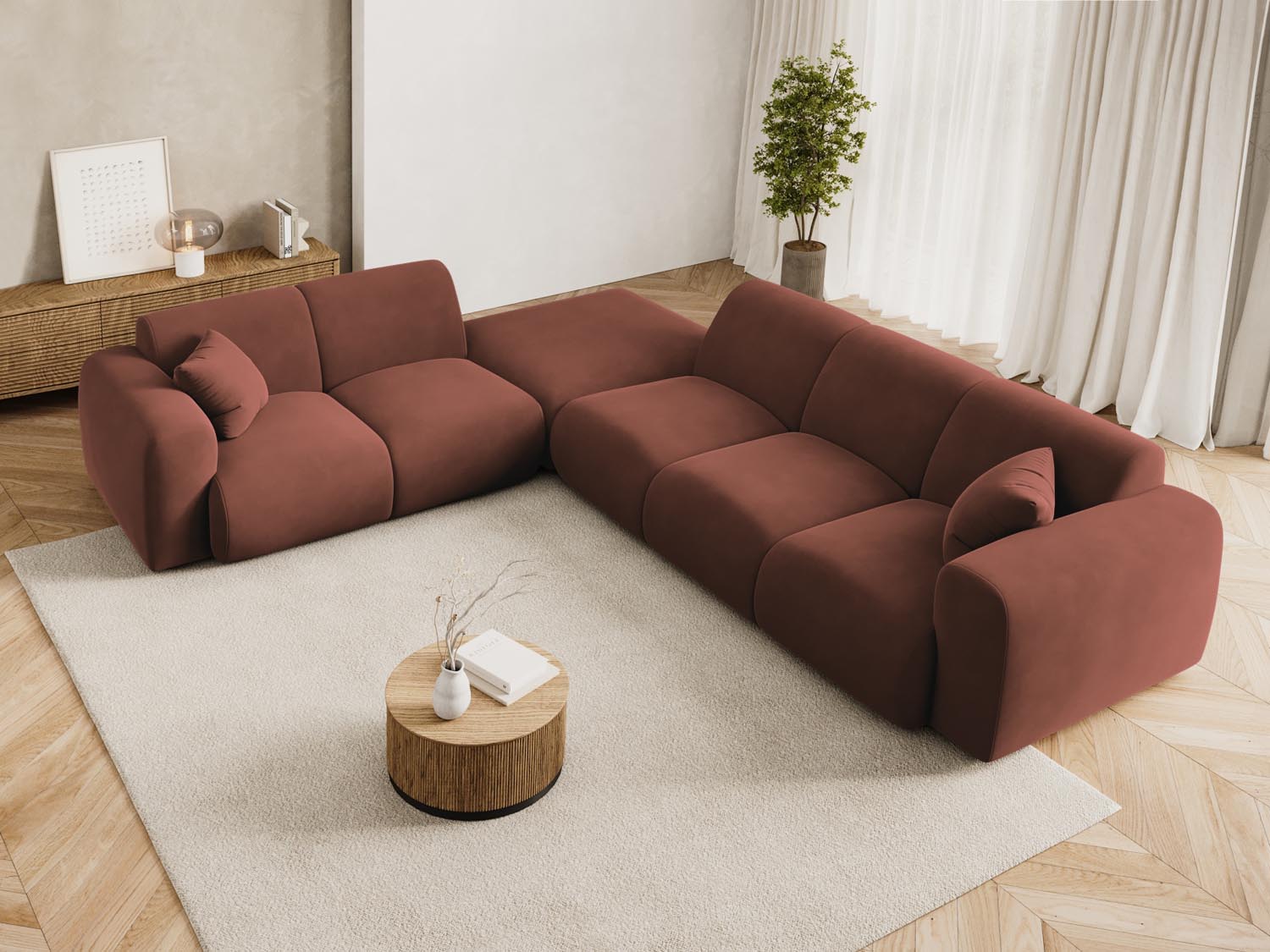 Elegantes Nolio Velour Ecksofa links, 4-Sitzer, 250 cm, in stilvollem Cuoio-Casino, ideal für moderne Wohnräume.