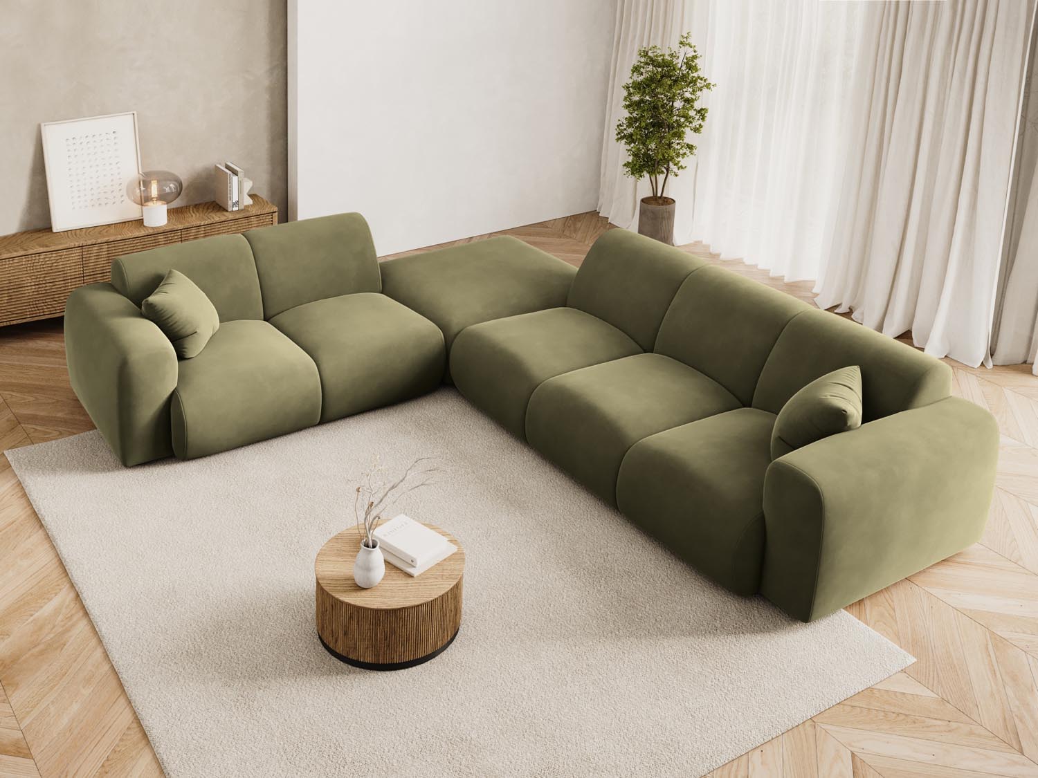 Elegantes Nolio Velour Ecksofa links in sanftem Grün, ideal für stilvolle Wohnräume, präsentiert als 4-Sitzer mit 250 cm.