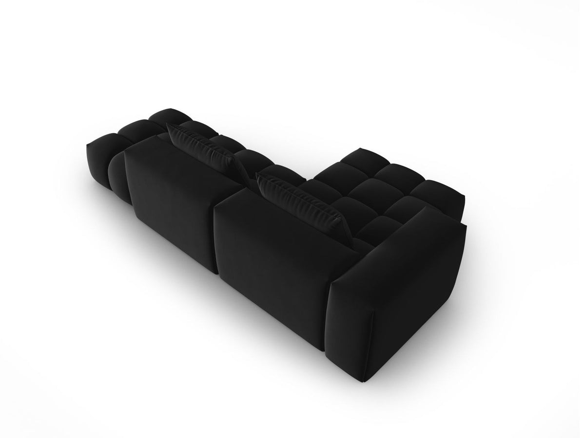 Modulares Ecksofa Verona in Sand-Casino Samt mit Récamiere links, schwarzen Kunststoffbeinen und weicher Velours-Polsterung, 4 Sitzplätze.