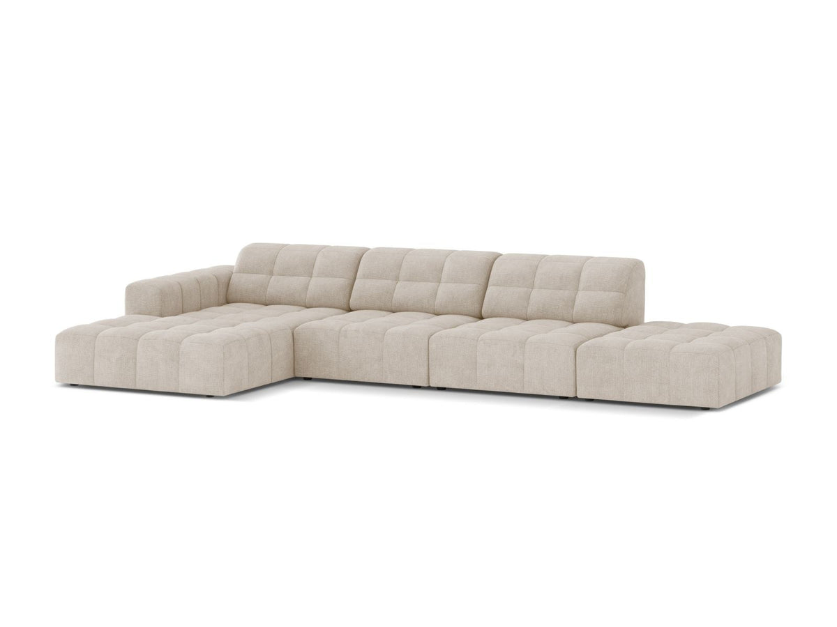 Ecksofa links Chicago von Cosmopolitan Design in Light Beige-Eden Stoff, mit Récamiere, Massivholzrahmen und schwarzen Kunststoffbeinen.