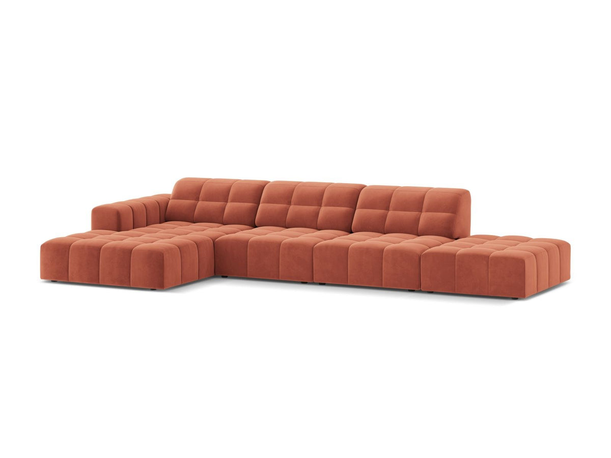 Ecksofa links von Cosmopolitan Design mit Samtbezug in Light Beige, massivem Holzrahmen und schwarzen Kunststoffbeinen, Modell Chicago.