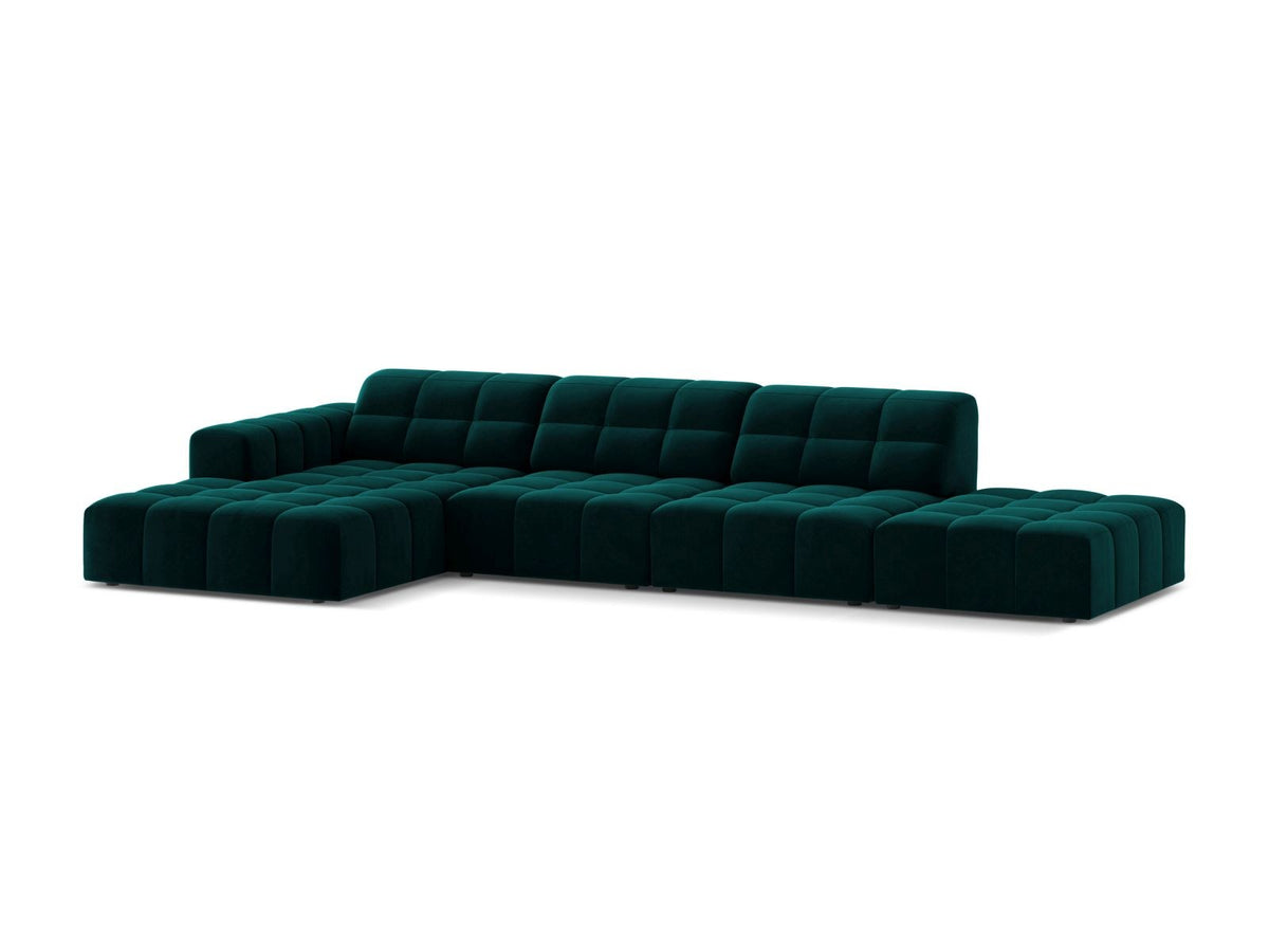 Ecksofa links von Cosmopolitan Design mit Samtbezug in Light Beige, massivem Holzrahmen und schwarzen Kunststoffbeinen, Modell Chicago.