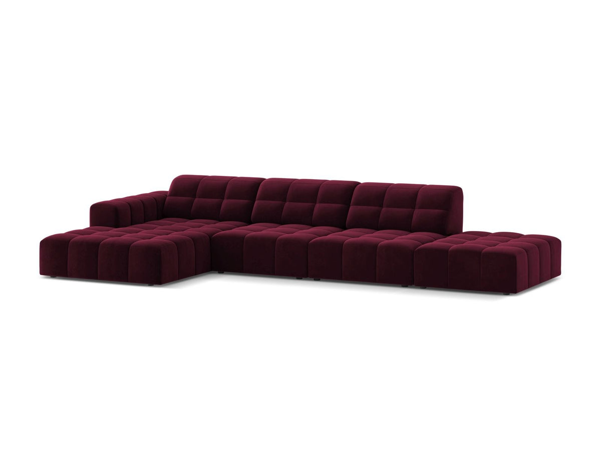 Ecksofa links von Cosmopolitan Design mit Samtbezug in Light Beige, massivem Holzrahmen und schwarzen Kunststoffbeinen, Modell Chicago.