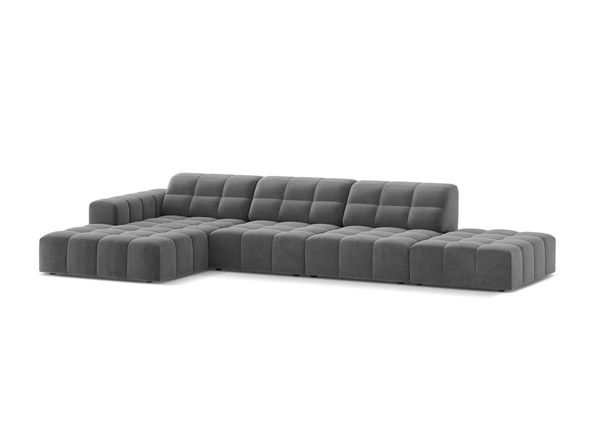 Ecksofa links von Cosmopolitan Design mit Samtbezug in Light Beige, massivem Holzrahmen und schwarzen Kunststoffbeinen, Modell Chicago.