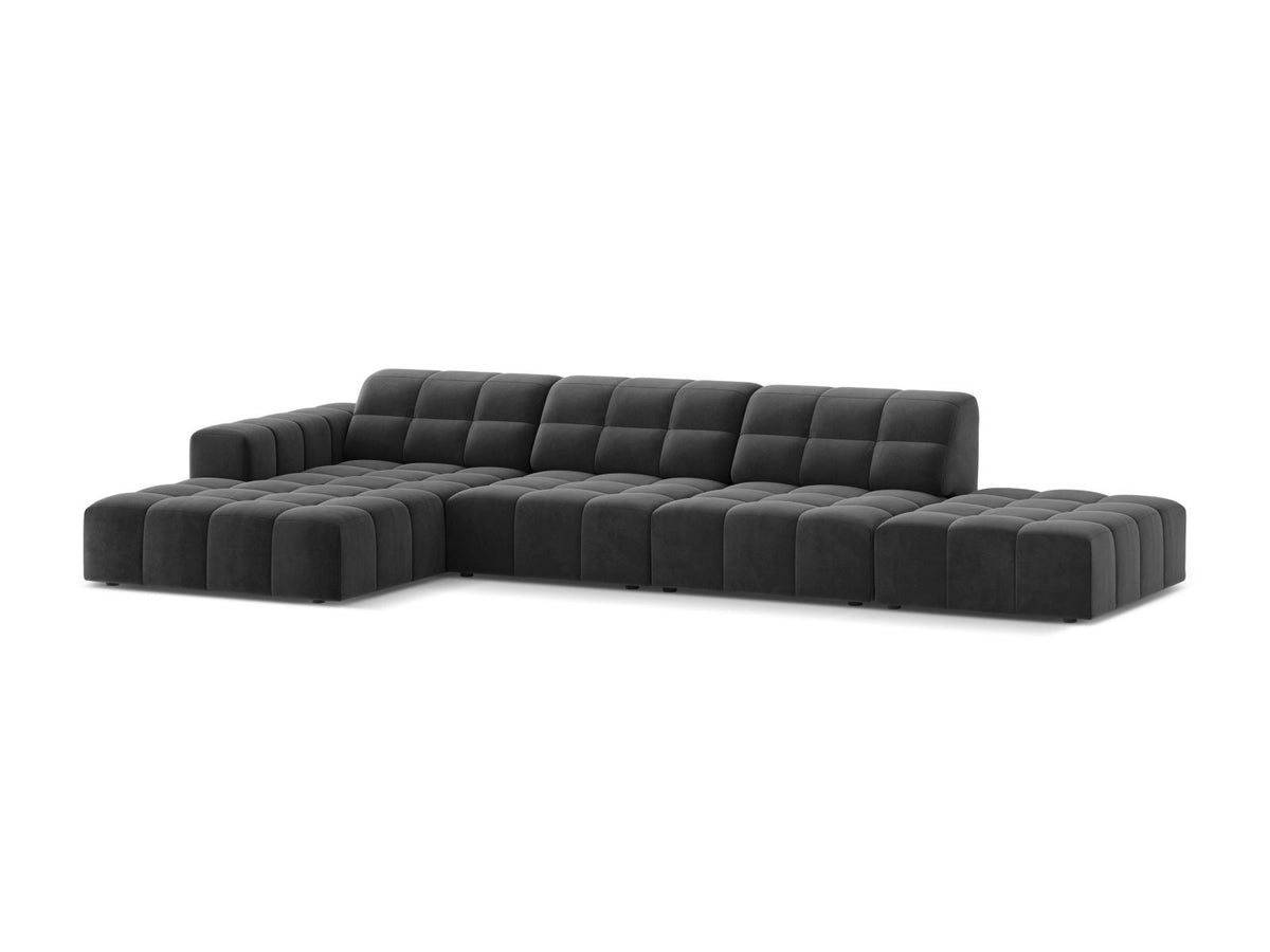 Ecksofa links von Cosmopolitan Design mit Samtbezug in Light Beige, massivem Holzrahmen und schwarzen Kunststoffbeinen, Modell Chicago.