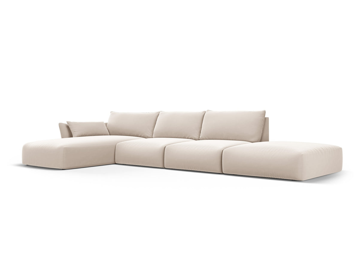 Ecksofa links Matera in Beige mit Récamière und niedrigen schwarzen Beinen