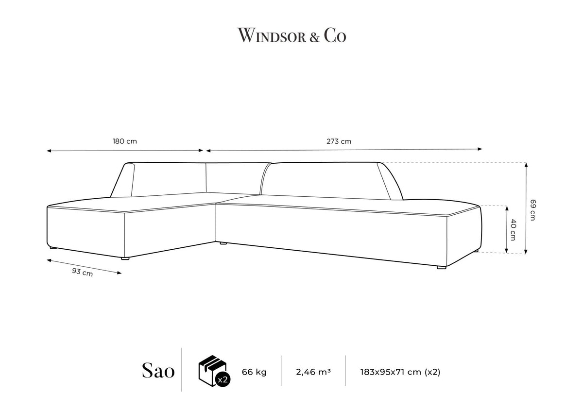 Modulares Ecksofa links in Beige-Salvador Samtstoff, schwarze Kunststoffbeine, Récamiere und gepolsterte Rückenlehne, 4-Sitzer, 180cm Breite.