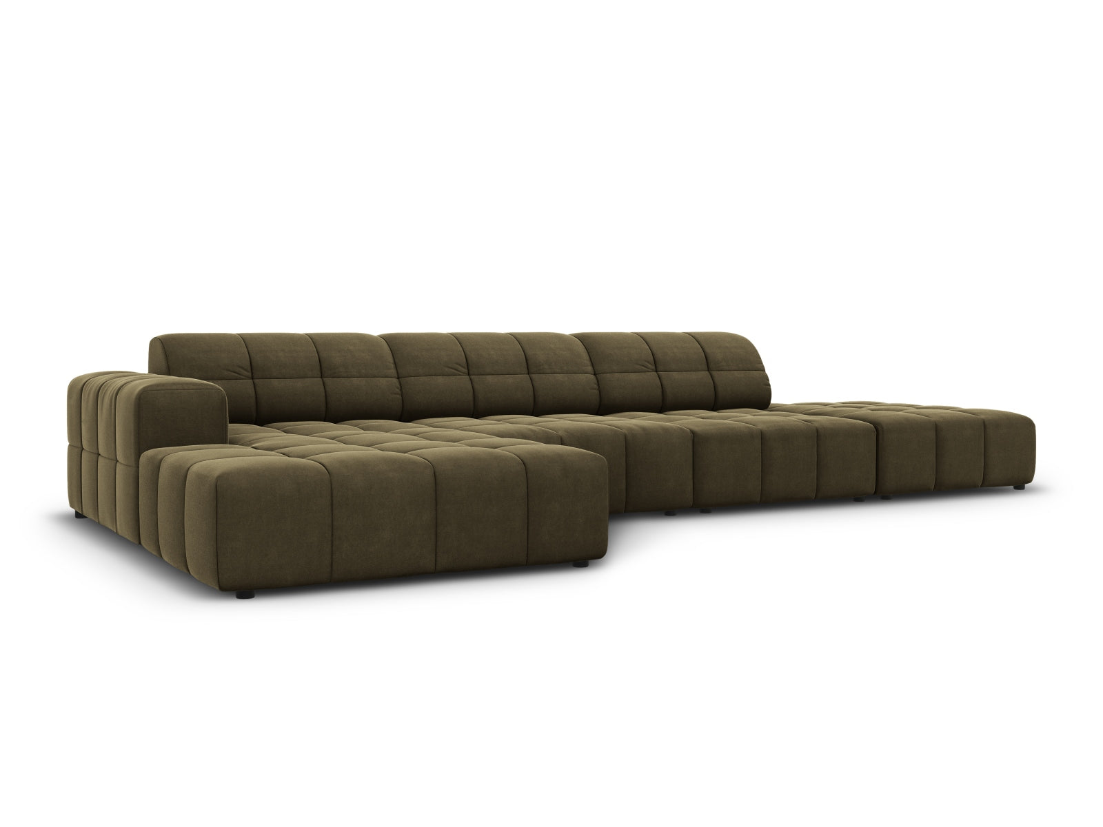 Elegantes Chicago Velour Ecksofa links, 5 Sitzer, 166cm in stilvollem Green-Bluvel, ideal für moderne Wohnräume.